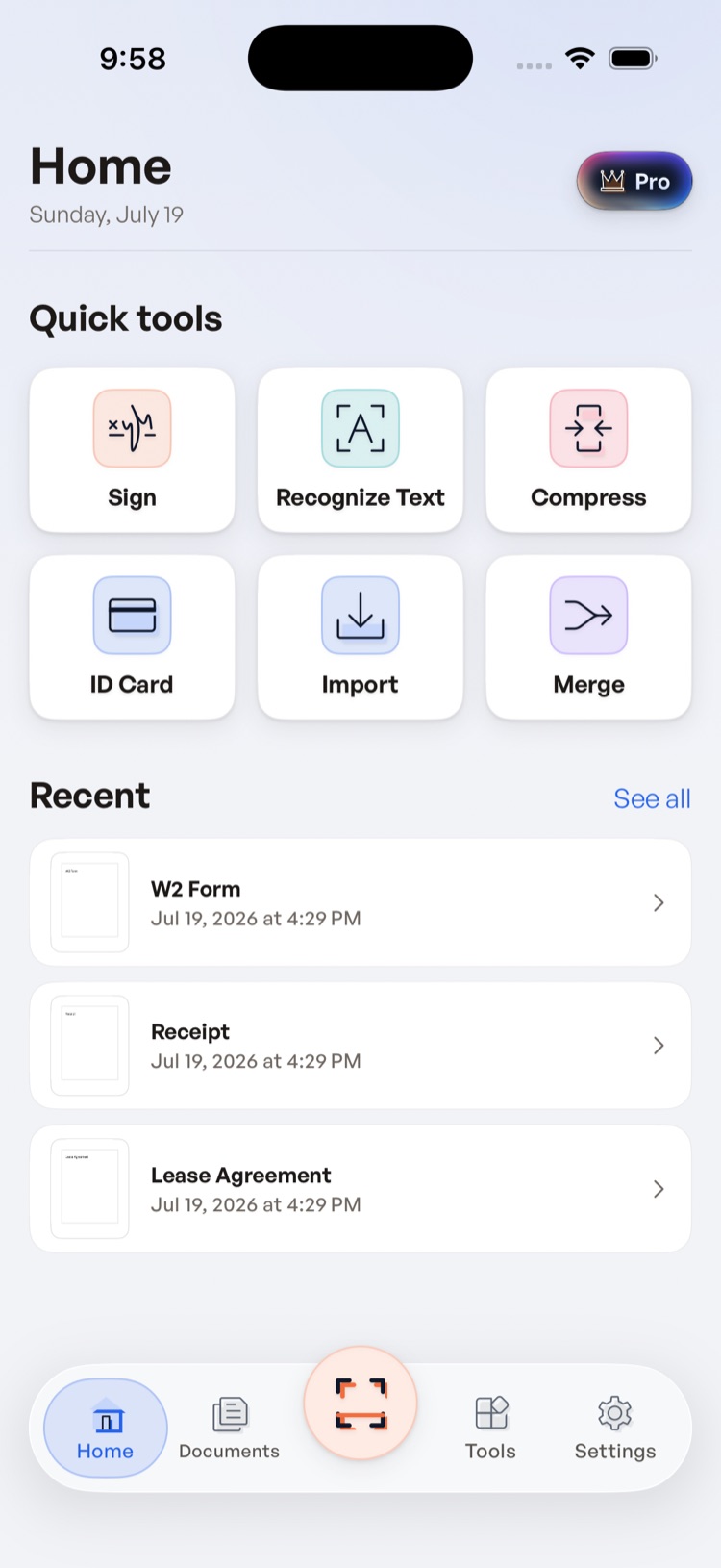 SignScan Home screen with quick tools and recent documents